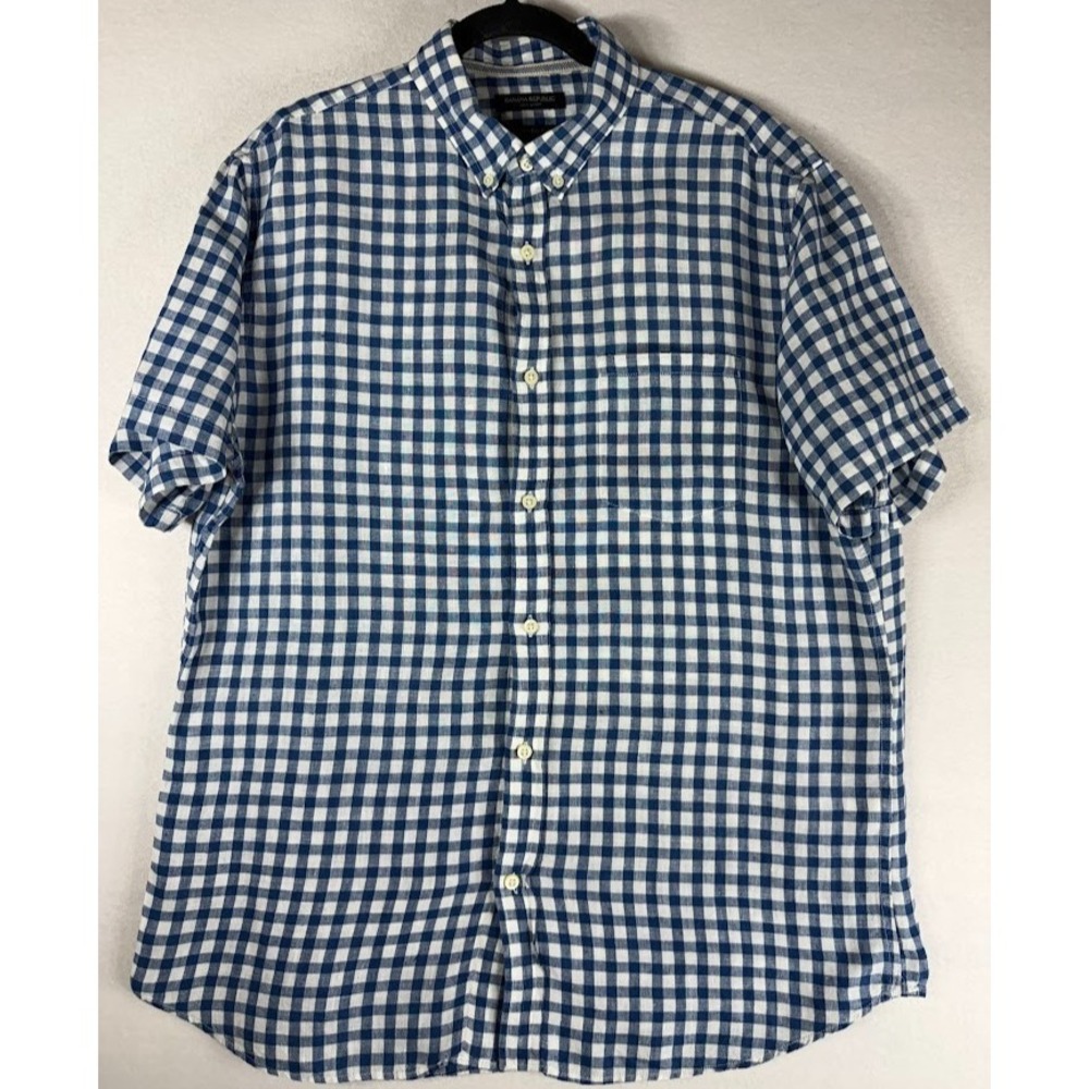 Banana Republic Camden Fit Linen Shirt Men L Blue Gingham Short Sleeve Casual‎
